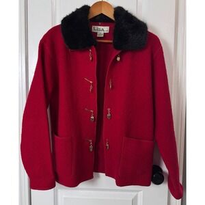 Lisa International Red Boiled Wool Coat Faux Fur Collar Small Vintage Grannycore